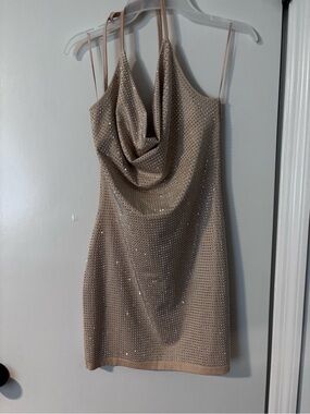 Nude Rhinestone Cowl Neck Mini Dress